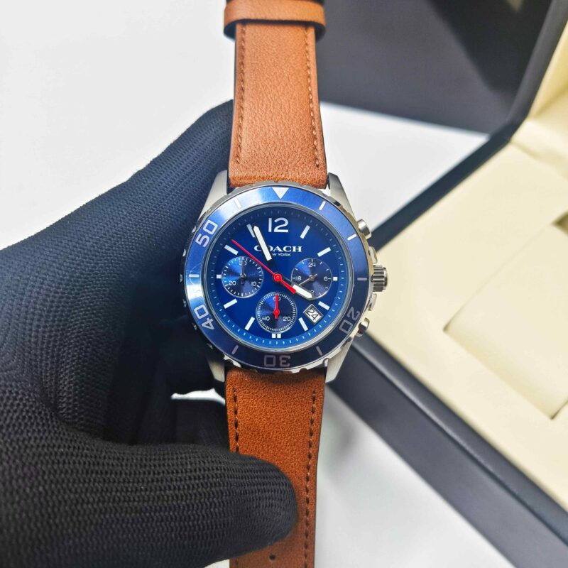 Coach Kent Chronograph Silver Blue Dial Brown Leather Strap