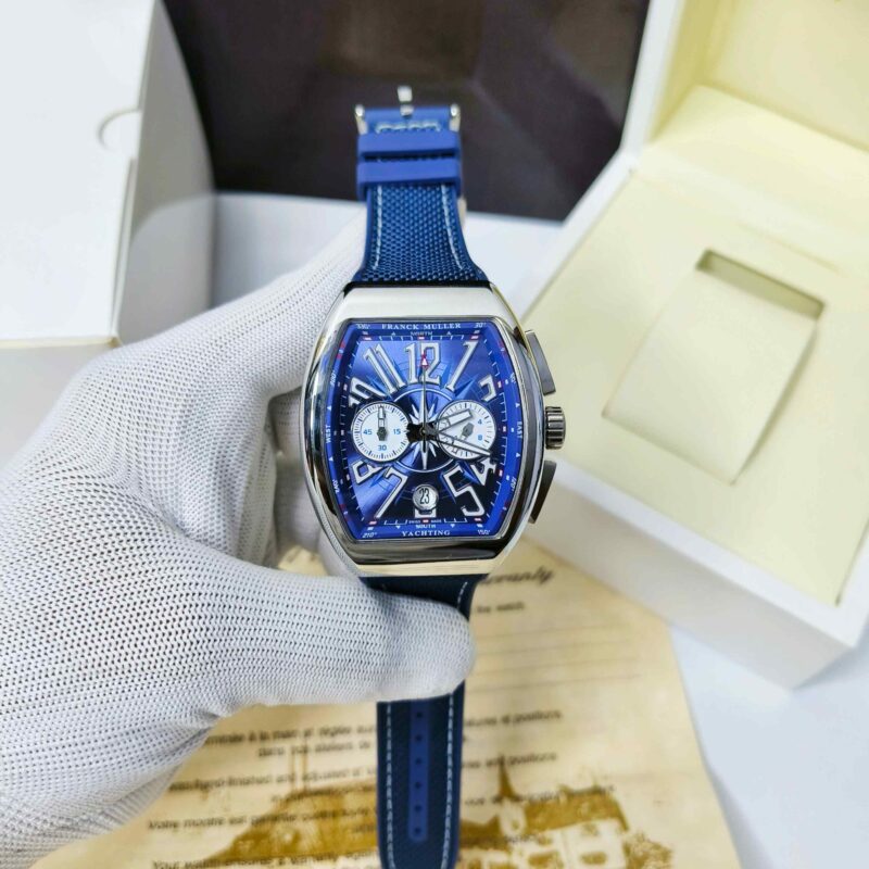 Franck Muller VANGAURD Chronograph Steel Blue Dial Blue Leather