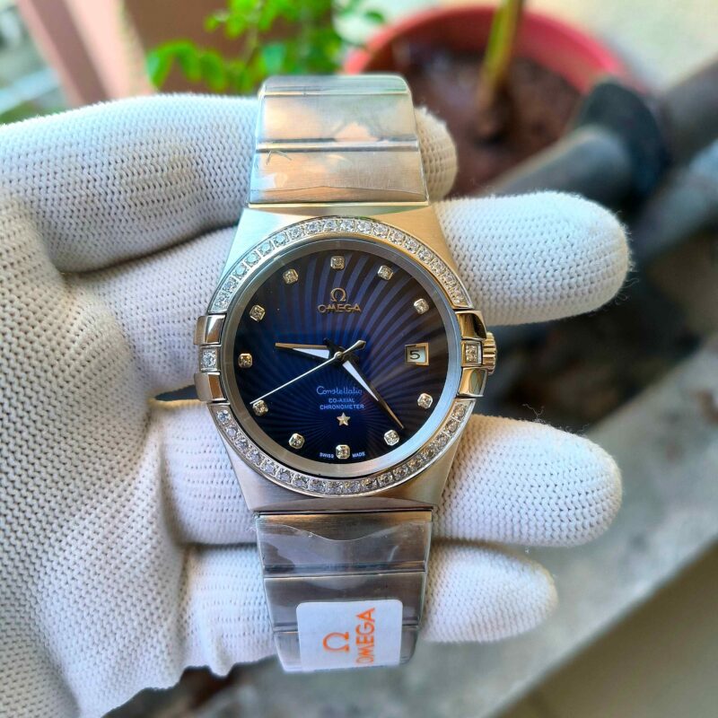 Omega Constellation Co Axial Steel Diamond Bezel Blue Dial