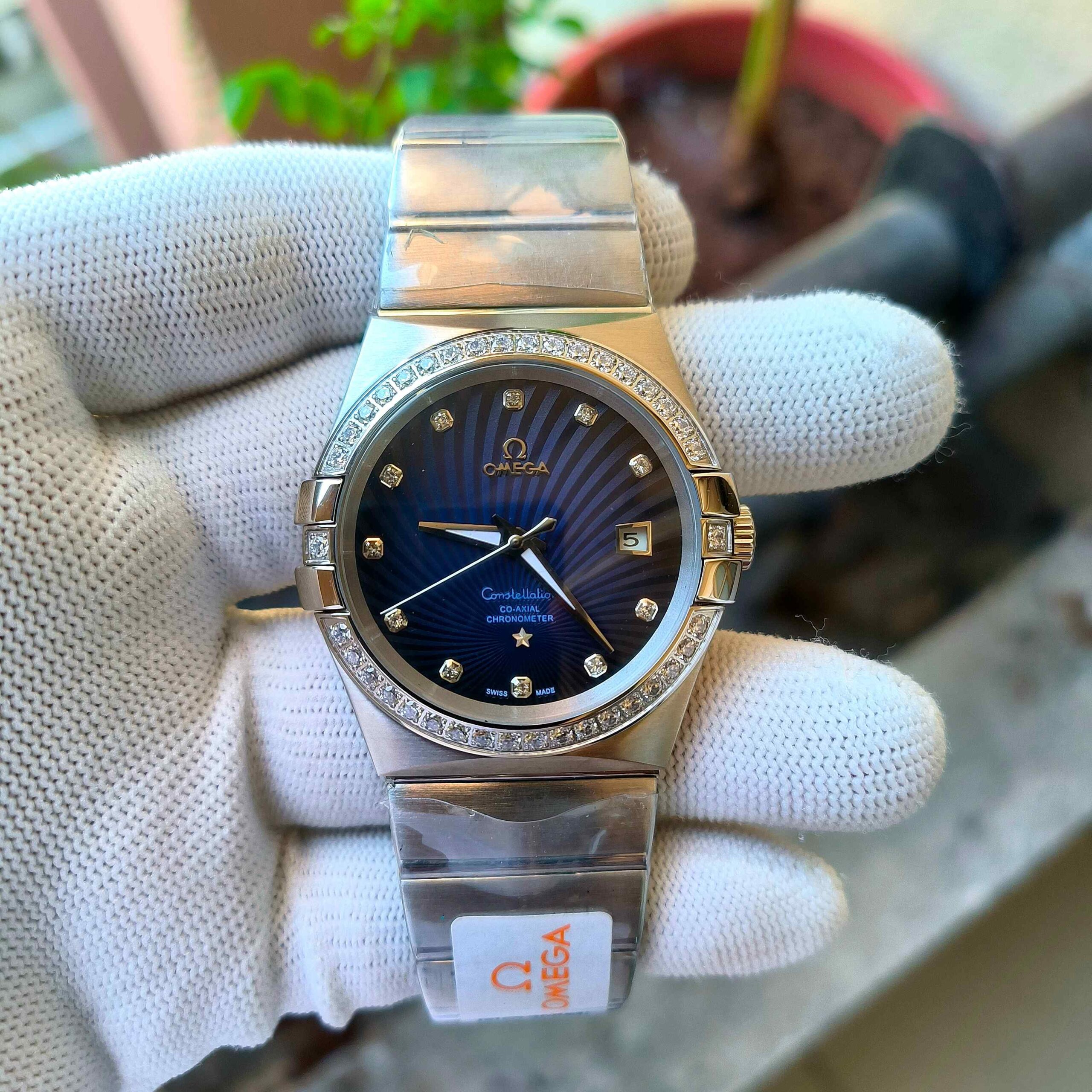 Omega Constellation Co Axial Steel Diamond Bezel Blue Dial