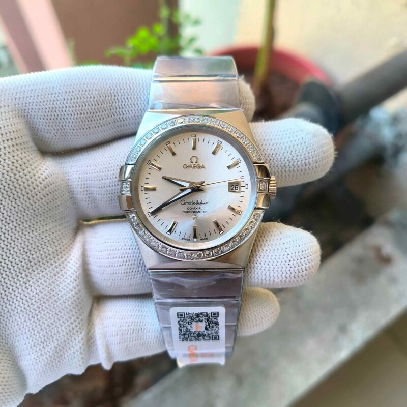 Omega Constellation Co Axial Steel Diamond Bezel Silver Dial