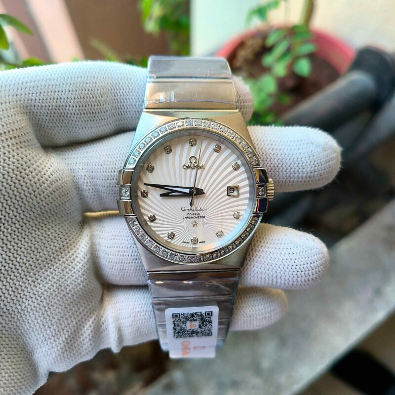 Omega Constellation Co Axial Steel Diamond Bezel White Dial