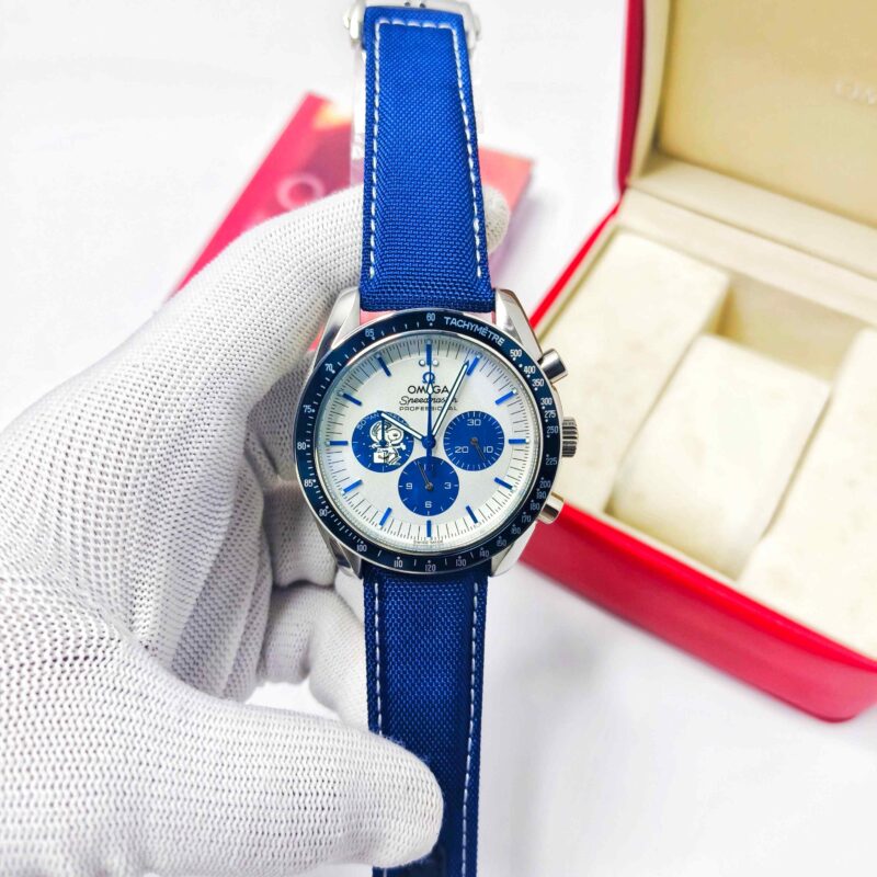 Omega Speedmaster Snoopy Award 50th Anniversary Chronograph White Dial Blue Leather