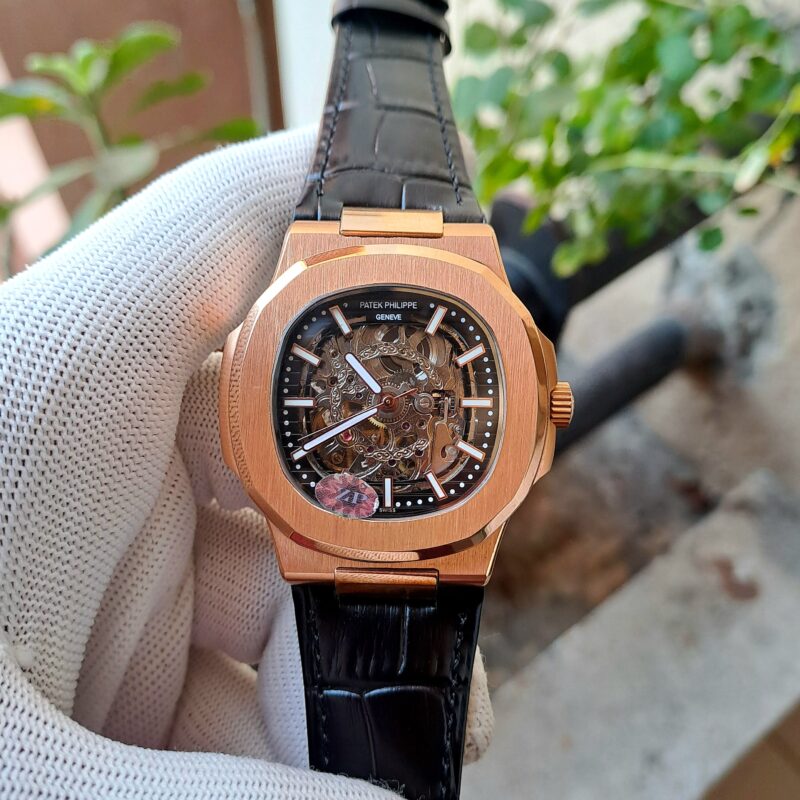 Patek Philippe Nautilus Rose Gold Black Dial Black Leather Strap