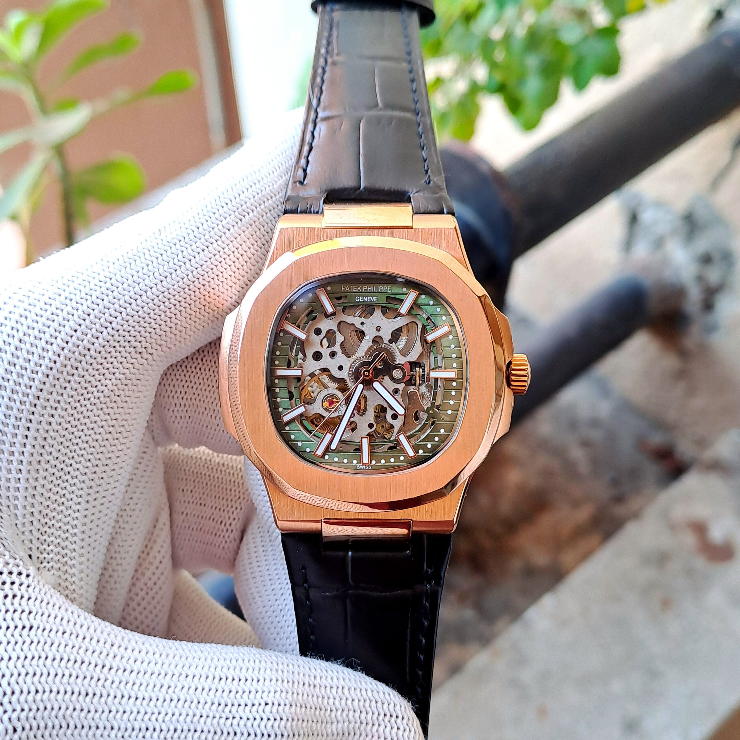 Patek Philippe Nautilus Rose Gold Green Dial Black Leather Strap