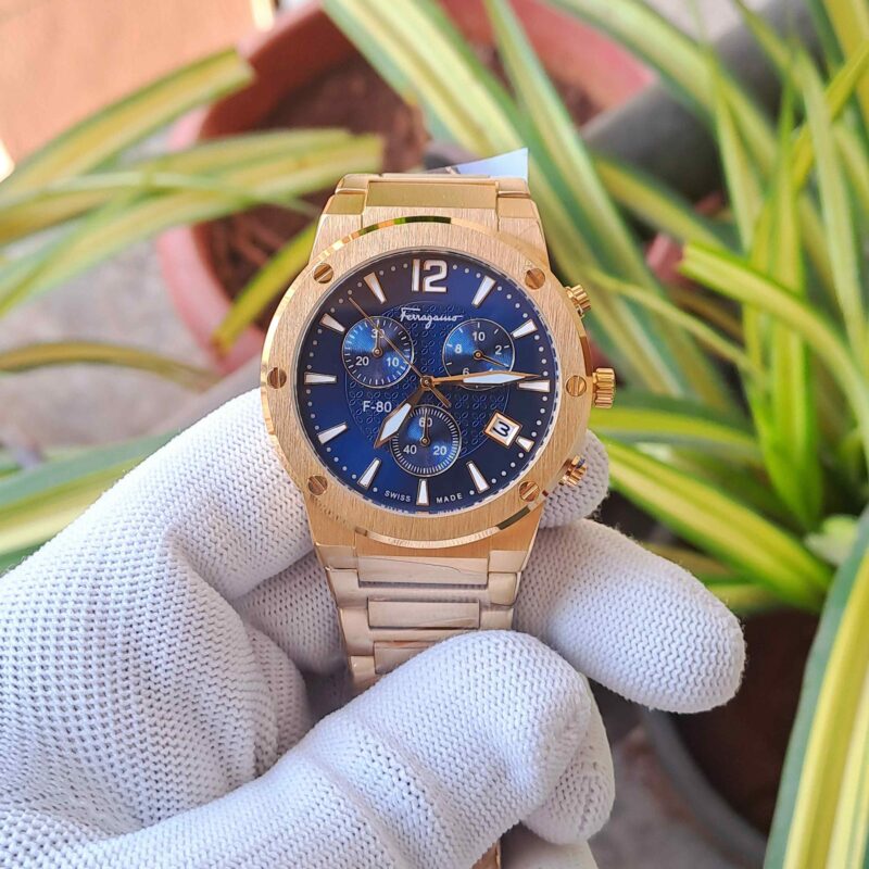 Salvatore Ferragamo F-80 Classic Chronograph Full Gold Blue Dial