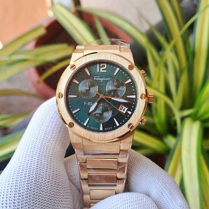 Salvatore Ferragamo F-80 Classic Chronograph Full Gold Green Dial