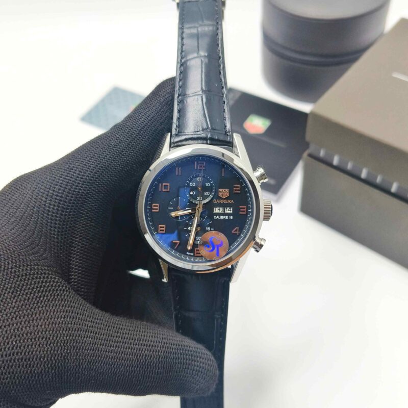 Tag Heuer Aquaracer Day-Date Chronometer Black Dial Black Leather Strap