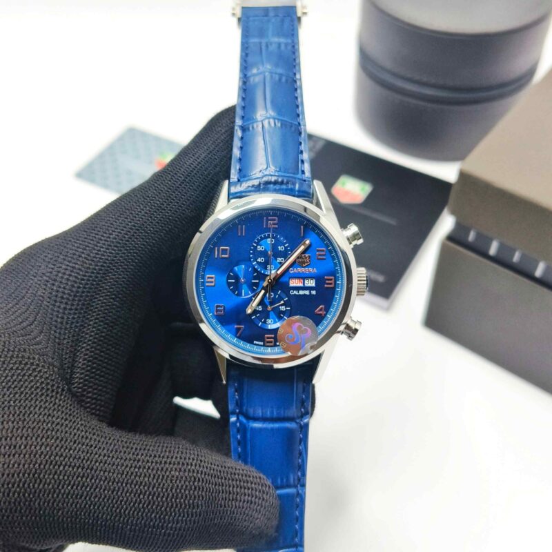 Tag Heuer Aquaracer Day-Date Chronometer Blue Dial Blue Leather Strap