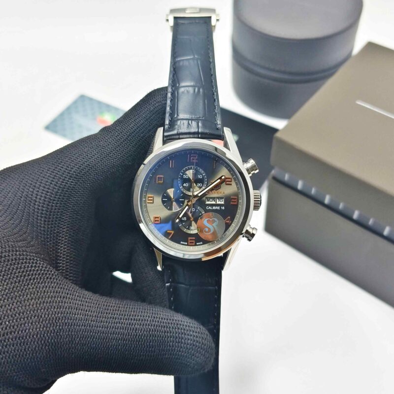 Tag Heuer Aquaracer Day-Date Chronometer Grey Dial Black Leather Strap