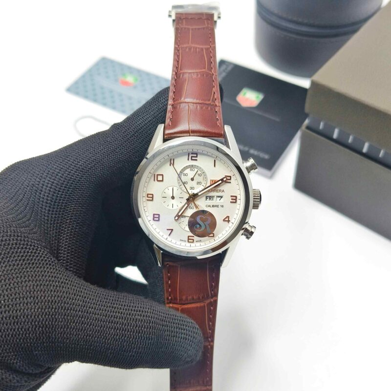 Tag Heuer Aquaracer Day-Date Chronometer White Dial Brown Leather Strap