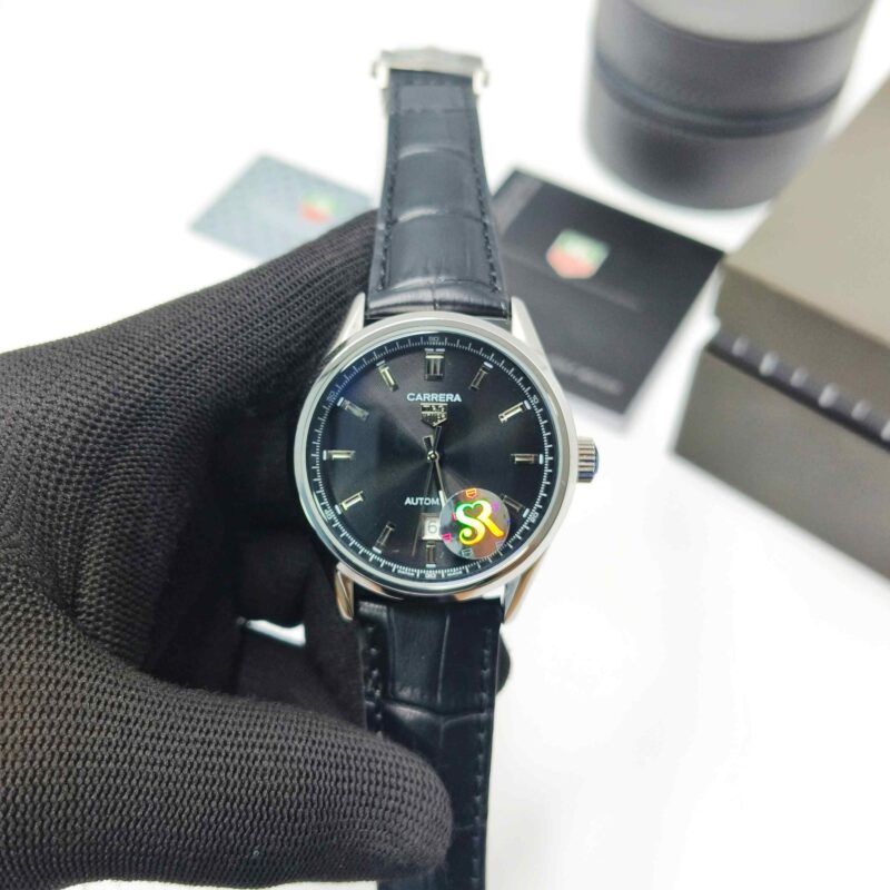 Tag Heuer Caliber 5 Steel Date Only Black Dial Black Leather Strap