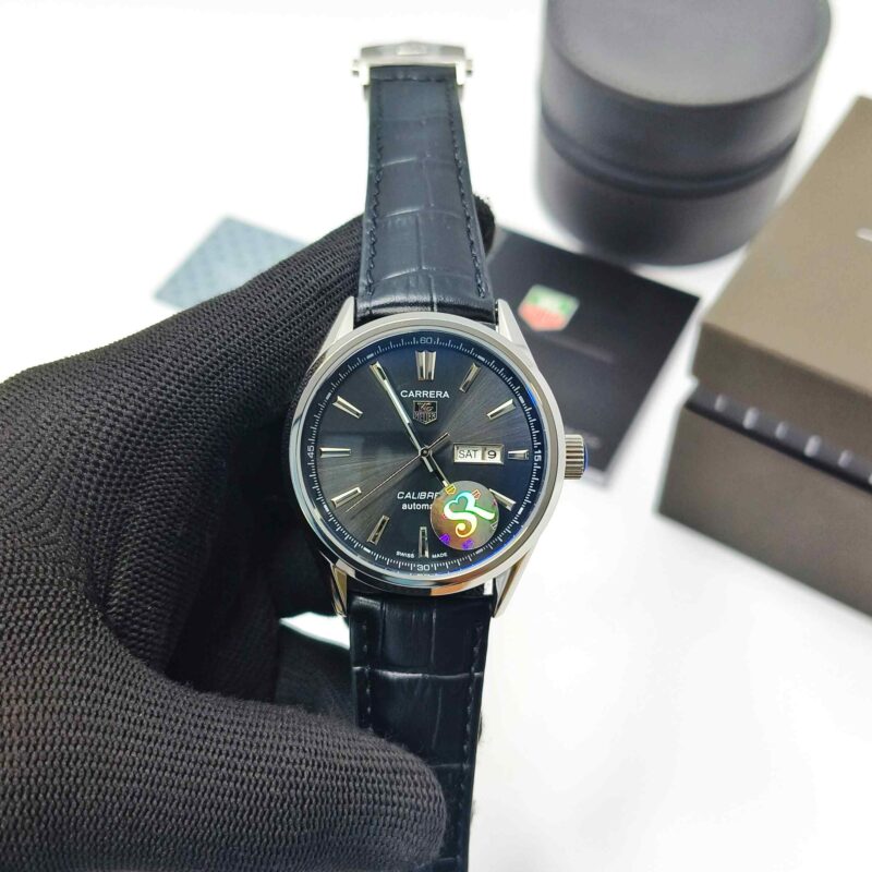 Tag Heuer Caliber 5 Steel Day-Date Black Dial Black Leather Strap