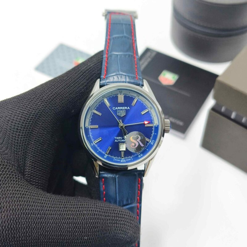 Tag Heuer Caliber 5 Steel Twin Time Blue Dial Blue Leather Strap