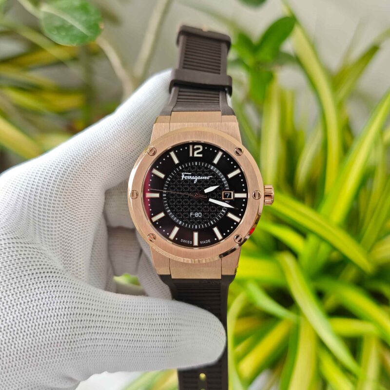 Ferragamo F-80 Golden Rose Gold Brown Dial Brown Rubber Strap