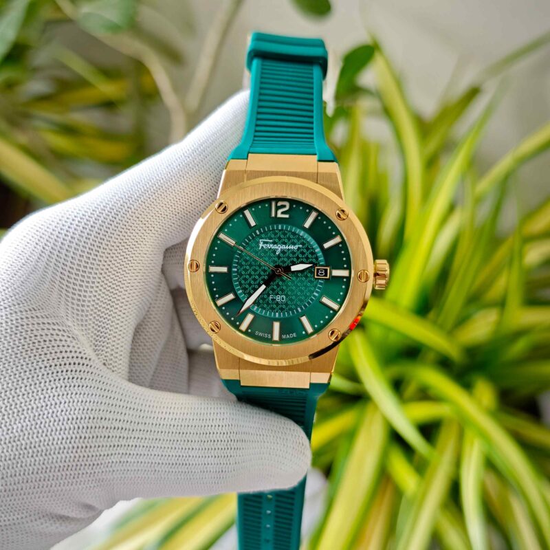 Ferragamo F-80 Golden Steel Green Dial Green Rubber Strap