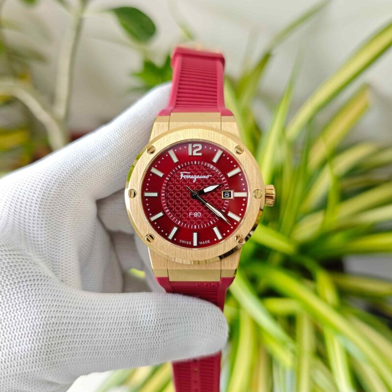 Ferragamo F-80 Golden Steel Red Dial Red Rubber Strap