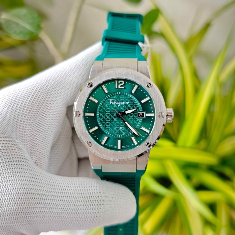 Ferragamo F-80 Steel Green Dial Green Rubber Strap