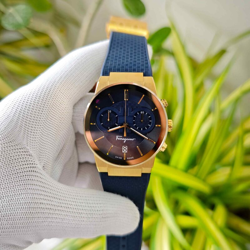 Ferragamo Sapphire Chronograph Golden Blue Dial Blue Rubber Strap