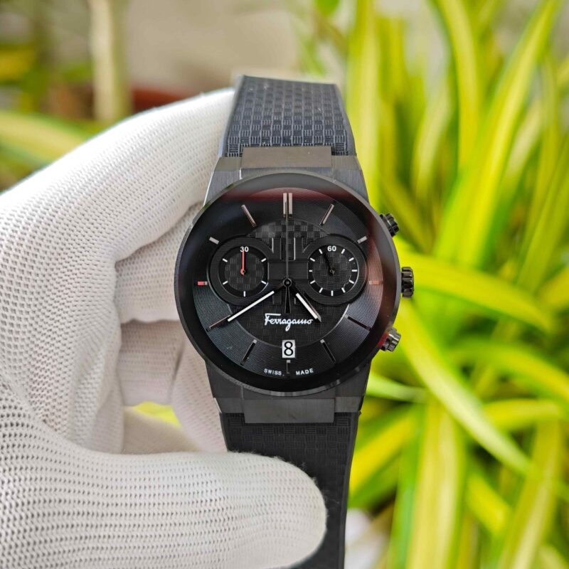 Ferragamo Sapphire Chronograph Steel Black Dial Black Rubber Strap