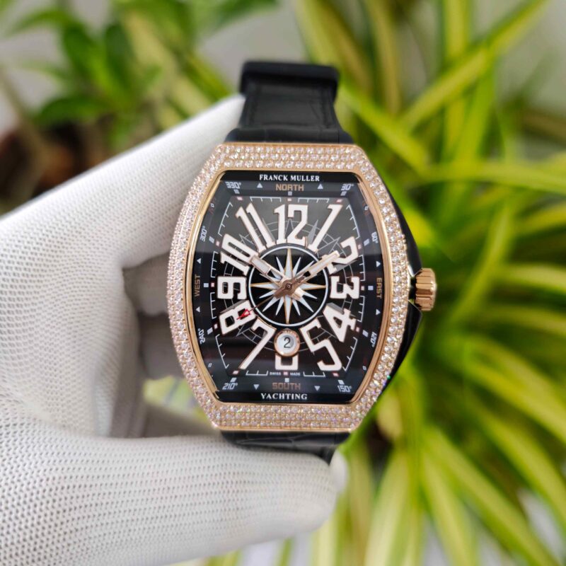 Franck Muller Vanguard Yachting Diamond Case Black Dial Leather Strap