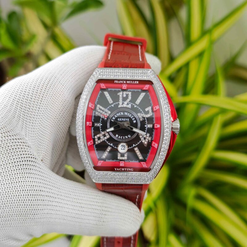 Franck Muller Vanguard Yachting Diamond Case Black Dial Red Leather Strap
