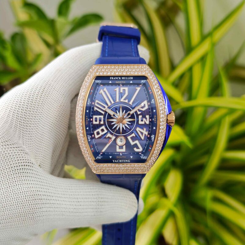 Franck Muller Vanguard Yachting Diamond Case Blue Dial Leather Strap