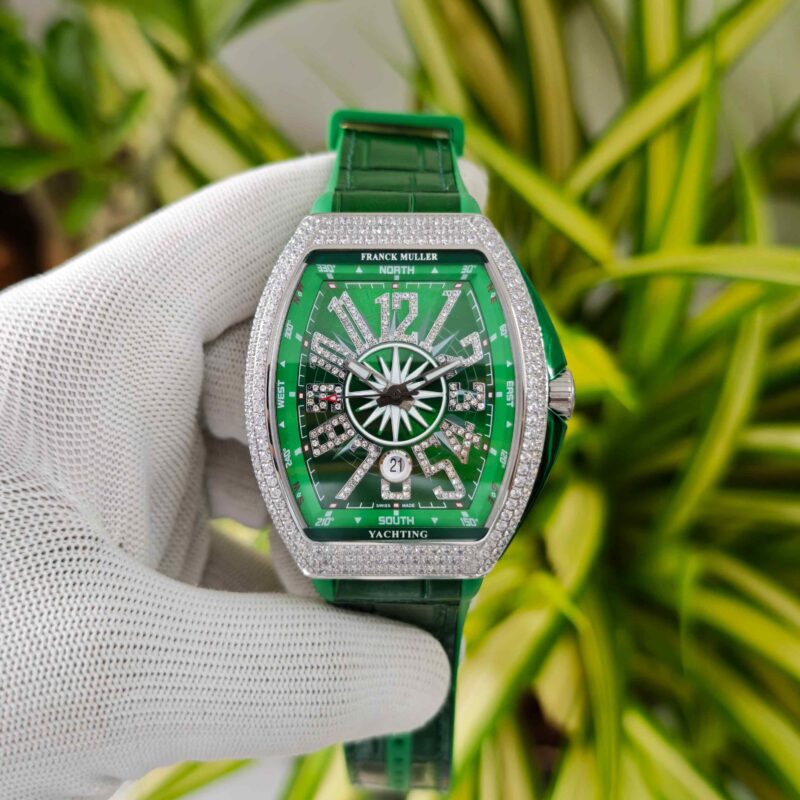 Franck Muller Vanguard Yachting Diamond Case Green Dial Leather Strap