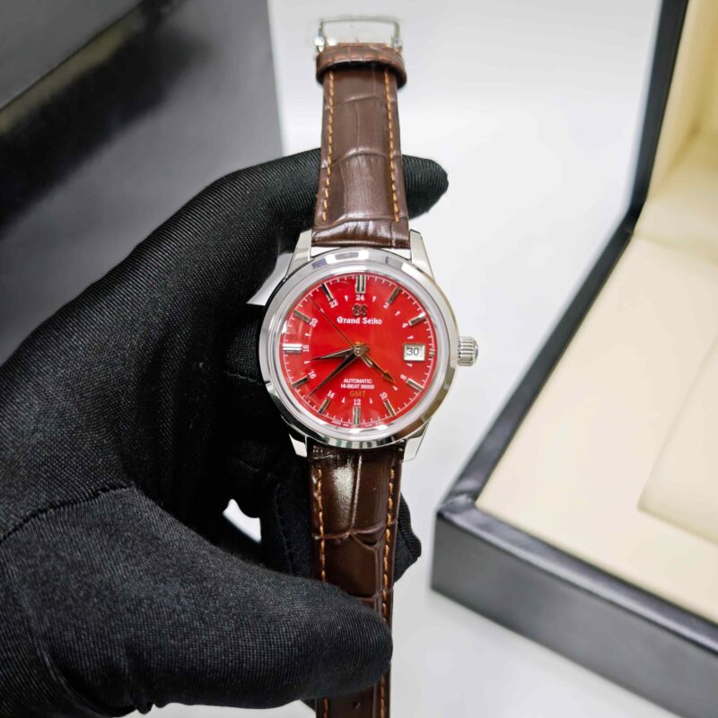 Grand Seiko Mechanical Hi-Beat 36000 GMT Steel Red Dial Leather Strap