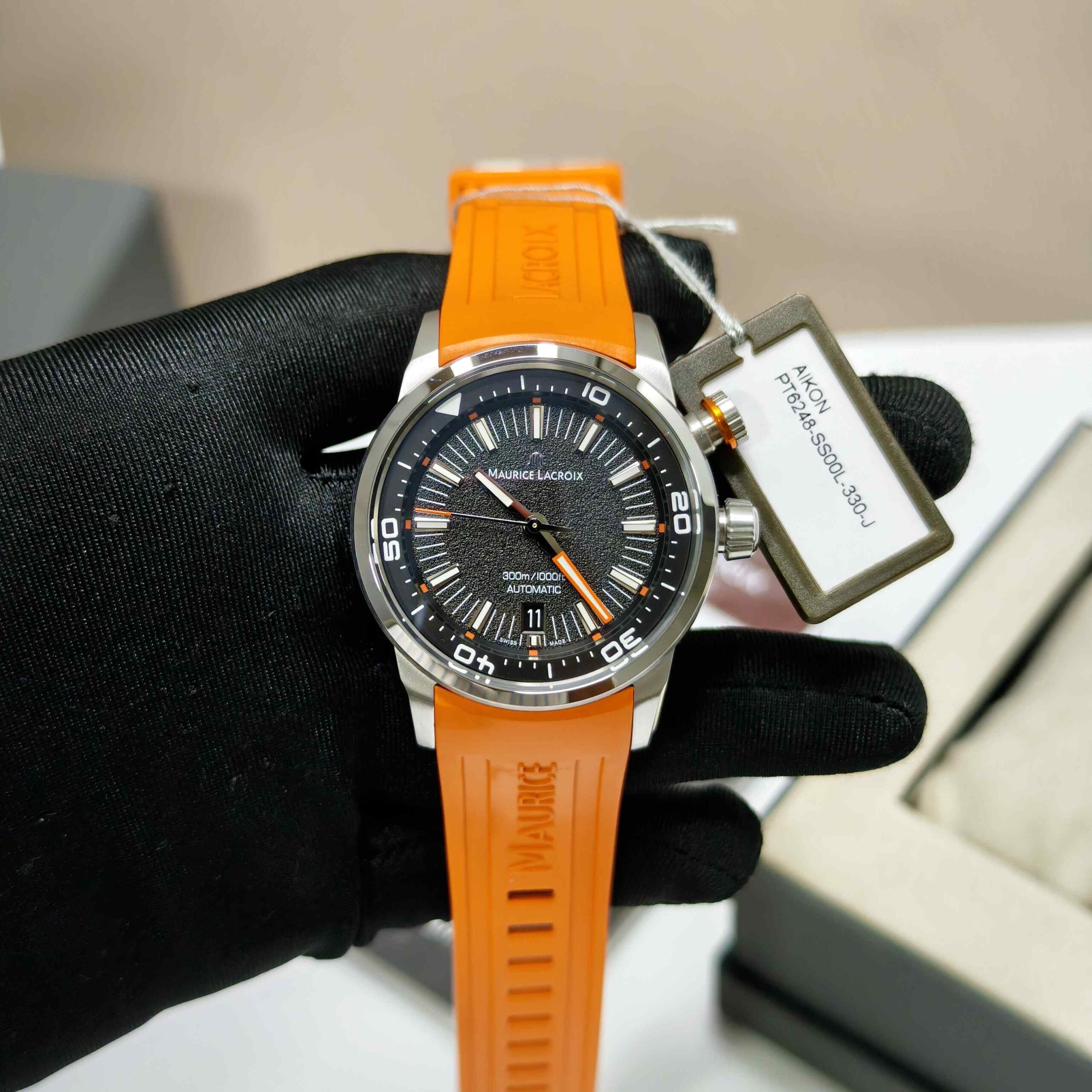 Maurice Lacroix Pontus S Diver Steel Case Black Dial Orange Strap