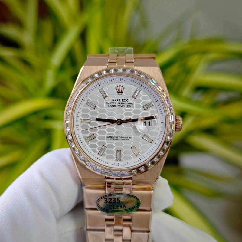Rolex Oyster Perpetual Land-Dweller Full Rose Gold Diamond Cases White Dial