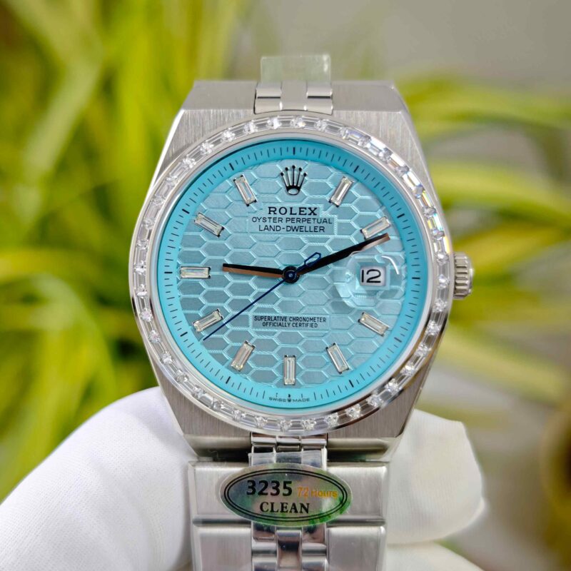 Rolex Oyster Perpetual Land-Dweller Full Silver Diamond Case Tiffeny Blue Dial