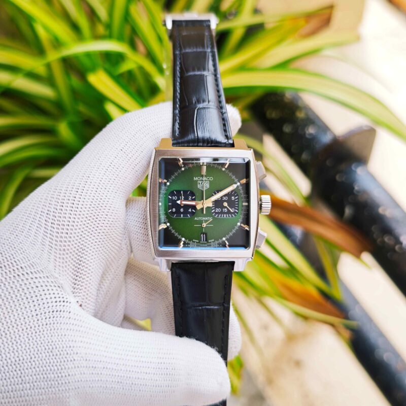 TAG Heuer Monaco Steel Green Dial Black Leather Strap