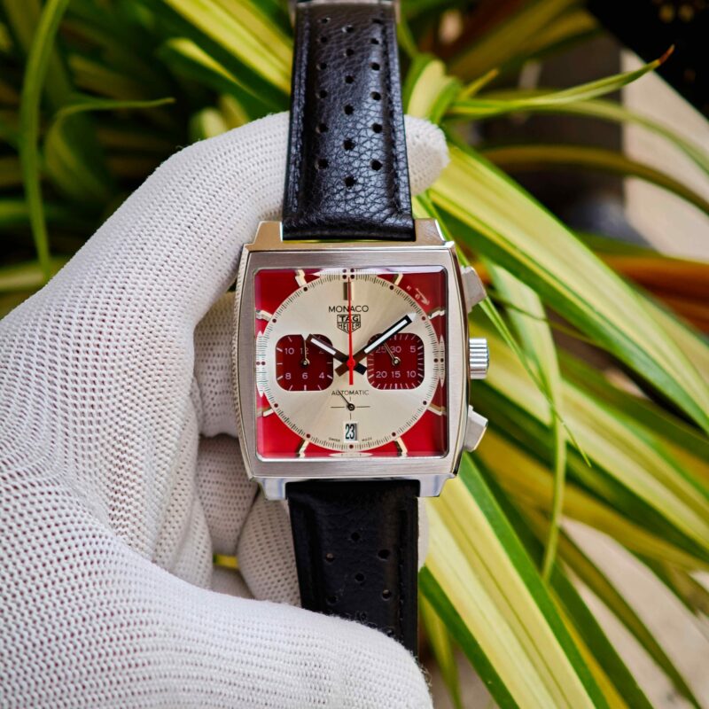 TAG Heuer x Grand Prix De Monaco White & Red Dial Black Leather Strap