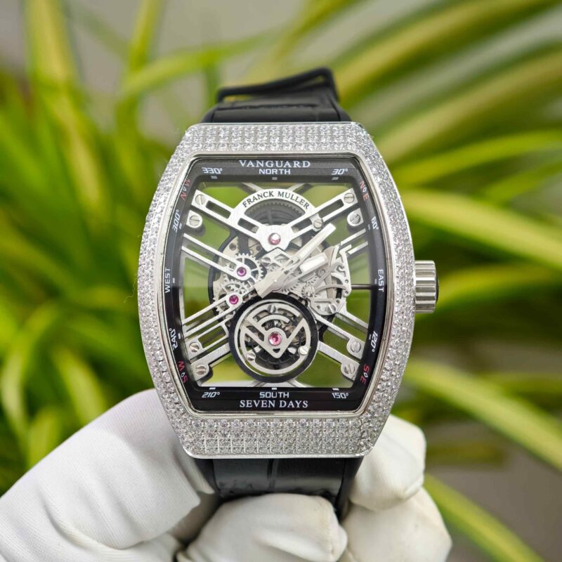 Franck Muller Vanguard Yachting Silver Diamond Bazel Skeleton Dial Leather Strap