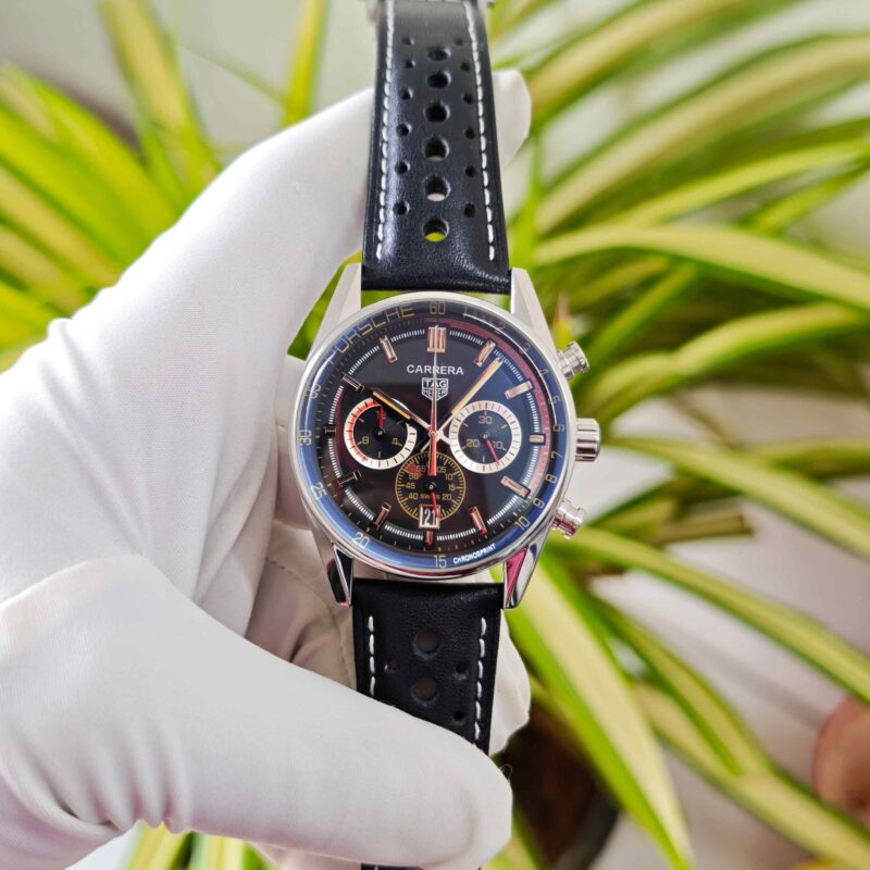 TAG Heuer Carrera Chronosprint x Porsche Rally Steel Black Dial Leather Strap