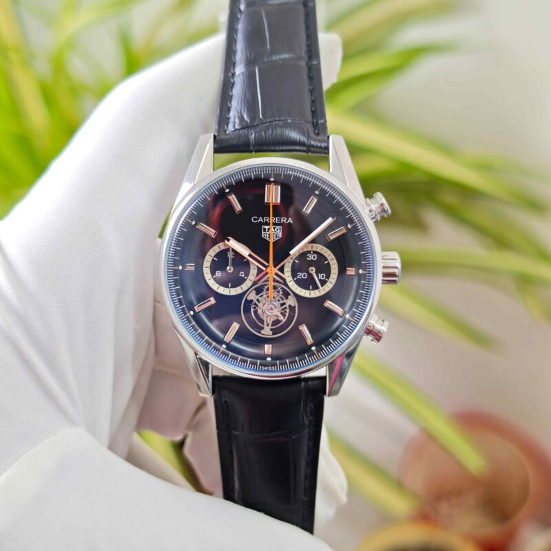 Tag Heuer Carrera Chronograph Tourbillion Steel Black Dial Leather Strap