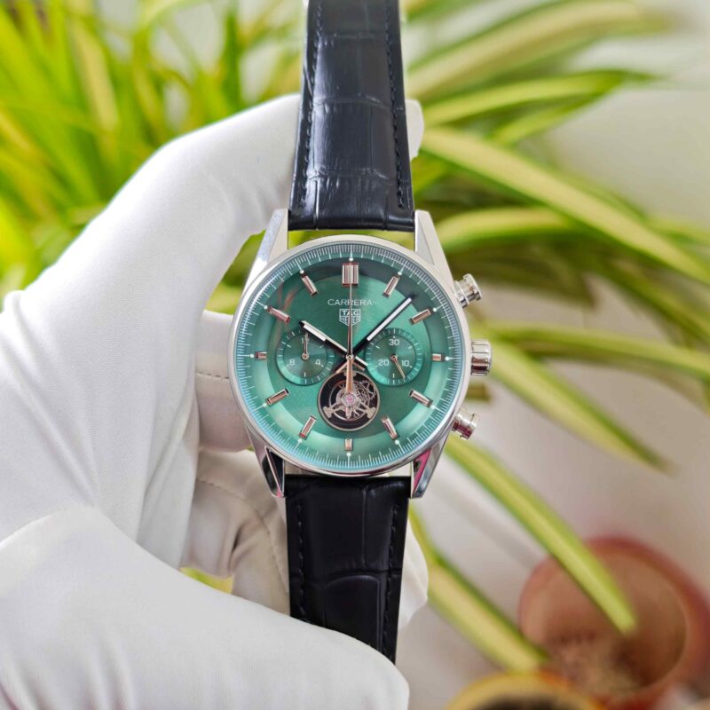 Tag Heuer Carrera Chronograph Tourbillion Steel Green Dial Leather Strap