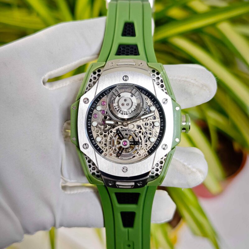Hublot Limited Edition Big Bang Tourbillon Samuel Ross Steel Skeleton Dial Green Rubber Strap