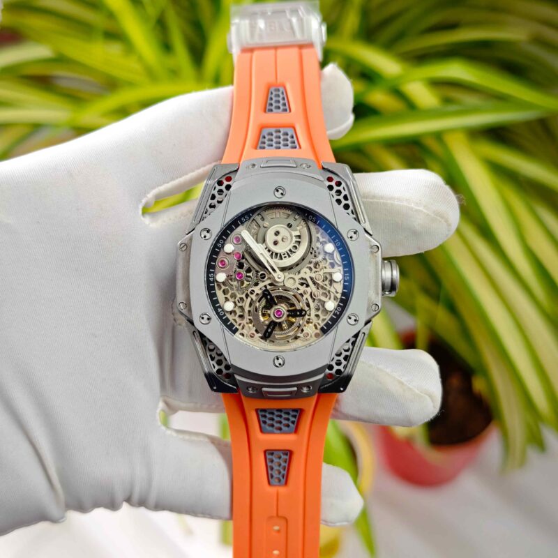 Hublot Limited Edition Big Bang Tourbillon Samuel Ross Steel Skeleton Dial Orange Rubber Strap