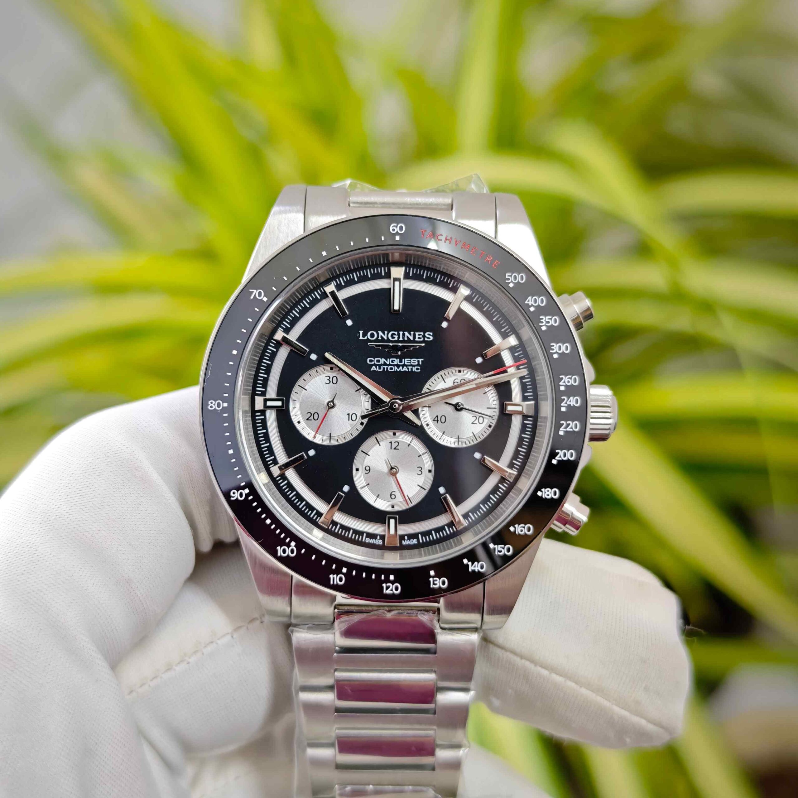 Longines Conquest White Chronograph Steel Black Dial Open Back