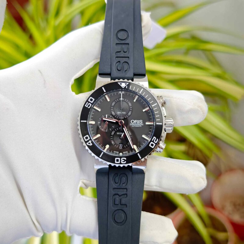 Oris Chronograph Steel Full Black Dial Rubber Strap