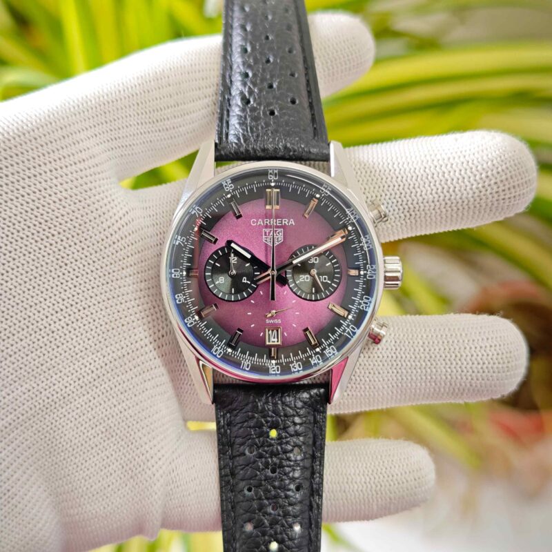 TAG Heuer Carrera Chronograph Steel Purple Dial Black Leather Strap