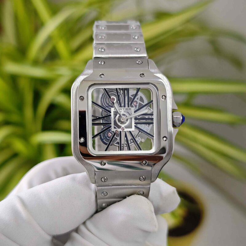 Cartier Skeleton Horloge Santos Silver Black Dial