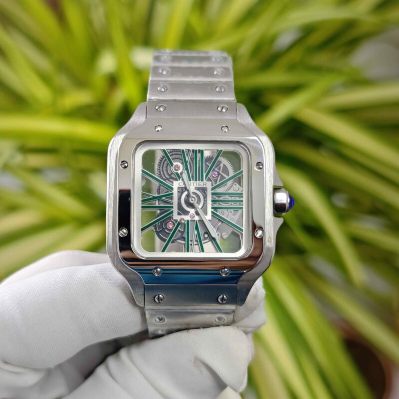 Cartier Skeleton Horloge Santos Silver Green Dial