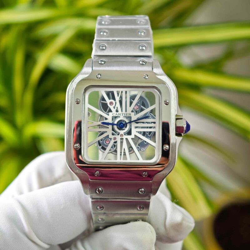 Cartier Skeleton Horloge Santos Silver White Dial