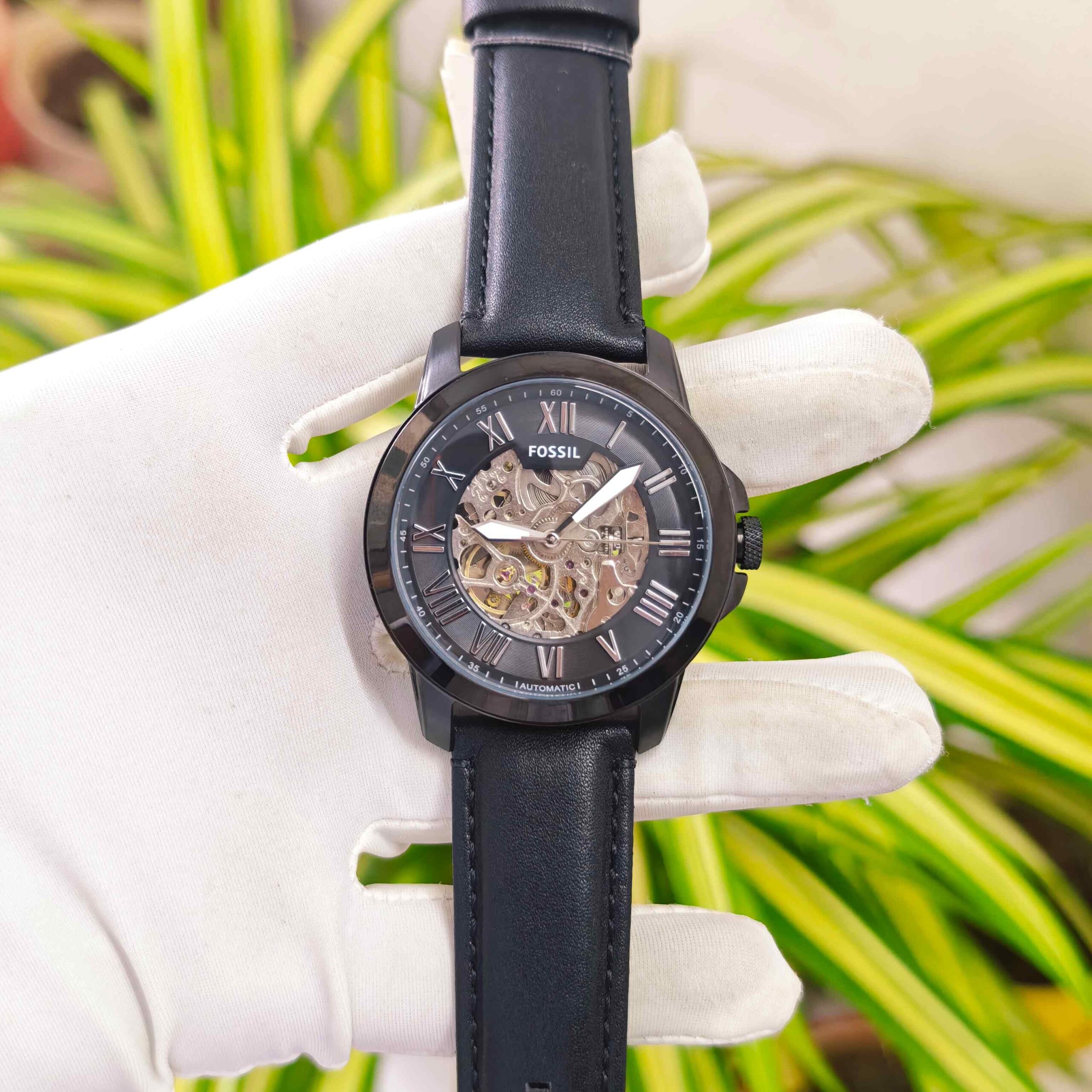 Fossil Grant Skeleton Roman Marker Black Steel Full Black Dial