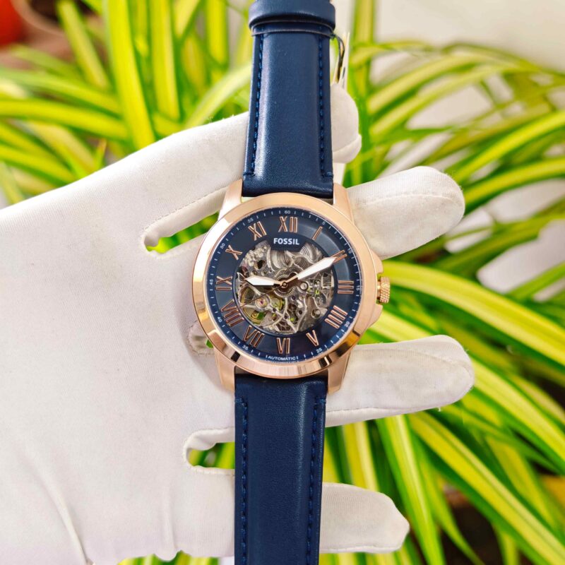 Fossil Grant Skeleton Roman Marker Full Rose Gold Blue Dial