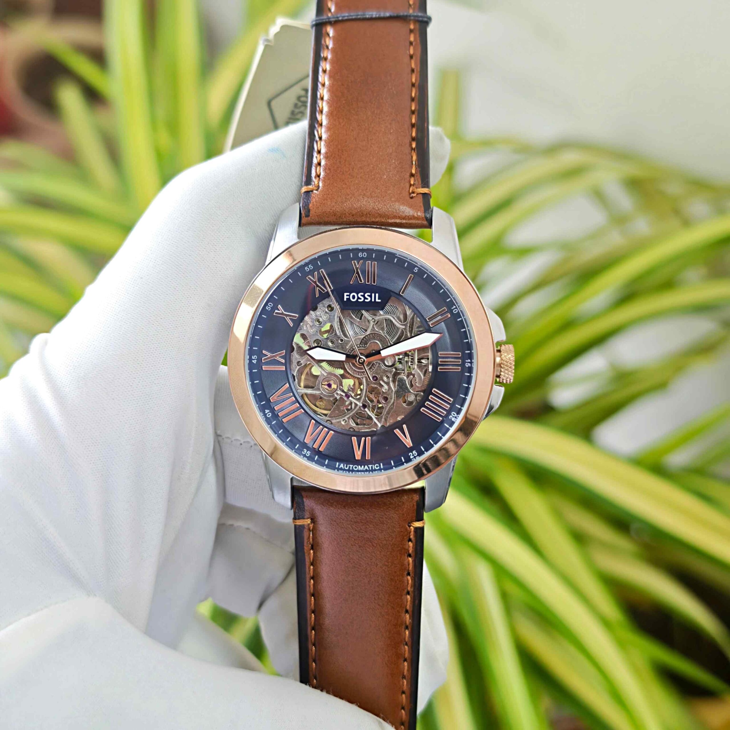 Fossil Grant Skeleton Roman Marker Rose Gold Blue Dial - Image 2