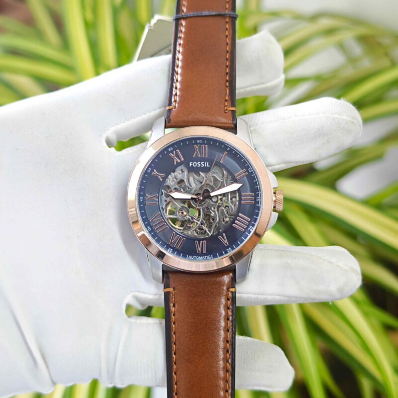 Fossil Grant Skeleton Roman Marker Rose Gold Blue Dial